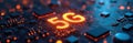Glowing 5G symbol on complex circuit board with glowing lights. Digital network technology background with electronic components, Royalty Free Stock Photo