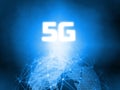 Glowing 5G text on 3D Rendering blue dotted world and abstract wired global network background. For telecom, communication Royalty Free Stock Photo