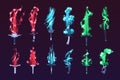 Glowing gaming swords. Magic fantasy shiny warrior weapon for game UI asset, medieval cartoon blade kit with fire flame Royalty Free Stock Photo