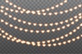 Glowing garland with heart light bulbs isolated on transparent background. Valentine`s Day event decoration.