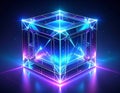 Glowing geometric cube with bright neon light reflections and dark background Royalty Free Stock Photo