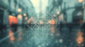 Glowing geometric network in a cyberpunk city scene