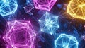 Glowing Geometric Polyhedra Network with Neon Light and Particles abstract Royalty Free Stock Photo
