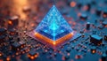 Glowing geometric pyramid structure rests on computer circuit board. Neon blue lights emanate from digital technology abstract, Royalty Free Stock Photo