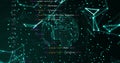 Glowing geometric shapes and coding image over rotating globe