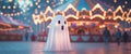 Glowing ghost figure at a carnival scene with string lights and colorful circus tent background. Royalty Free Stock Photo
