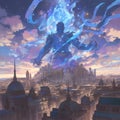 Glowing Giant Over Cityscape, Fantasy Stock Image