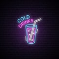 Glowing Glass of cold drink. Neon sign.