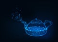 Glowing glass kettle with boiling water and steam isolated on dark blue background.