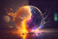 Glowing glass magic ball with neon fire and cold lightning in yin yang shape. Generative AI technology Royalty Free Stock Photo