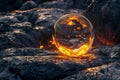 Glowing glass sphere reflecting fiery landscape Royalty Free Stock Photo