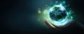 The glowing globe held in a hand symbolizing global connection and care. AI generated image Royalty Free Stock Photo