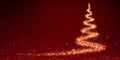 Glowing Gold Christmas Tree on a Red Background With Copy Space for Text, Holiday Greeting Card. Royalty Free Stock Photo