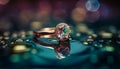 A glowing, gold colored ring with a blue gemstone centerpiece generated by AI Royalty Free Stock Photo