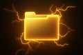 A glowing gold folder icon is surrounded by branching electrical arcs