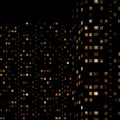 Glowing gold windows of buildings at night on a black background. City night landscape, view. High buildings, window lights