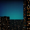 Glowing gold windows of buildings, stars in night sky. View from window on city night landscape. Light of windows in tall Royalty Free Stock Photo