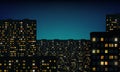 Glowing gold windows of buildings, stars in night sky. View from window on city night landscape. Light of windows in tall