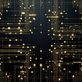 Glowing golden circuit lines form a digital network pattern on a dark background with light particles creating a futuristic Royalty Free Stock Photo