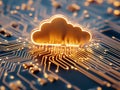 Glowing golden cloud computing symbol on a futuristic digital circuit board representing AI driven technology advanced cloud