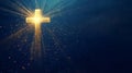 Golden cross with glowing light rays on deep blue background, with copy space for text overlay Royalty Free Stock Photo