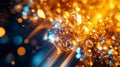 Glowing, golden crystals reflecting vibrant blue and orange light, creating a mesmerizing, dynamic display of sparkling facets and