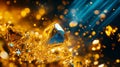 Glowing, golden crystals reflecting vibrant blue and orange light, creating a mesmerizing, dynamic display of sparkling facets and