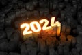 2024 glowing golden digits happy new year card with sparks and black color maze background design.