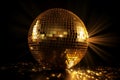 Glowing golden disco ball. Generate ai