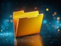 Glowing golden file folder symbolizing digital data storage with bokeh lights on dark textured surface for technology or Royalty Free Stock Photo