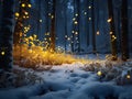 Glowing golden leaves illuminating winter forest path at night Royalty Free Stock Photo