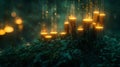 Glowing Golden Lights in Dark Green Forest at Night Royalty Free Stock Photo