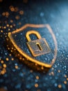 Glowing golden lock icon on digital shield symbolizing advanced cybersecurity and data protection on a futuristic dark tech Royalty Free Stock Photo
