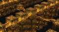 Glowing golden network cubes transmit digital data Royalty Free Stock Photo