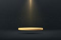 Glowing golden pedestal floating on air with spotlight. Shiny golden glitter minimal wall scene. Luxury and elegant. Abstract