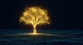 Glowing golden tree made of particles standing on a field of particles in a dark environment - ai-generated Royalty Free Stock Photo
