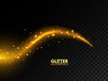 Glowing golden wave. Glitter gold curved lines. Star dust. Sparkling magic wave with bright particles. Fire glare swirl