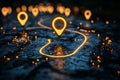 glowing GPS navigation path with location markers on dark surface creates modern and tech inspired atmosphere