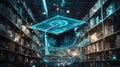 Glowing Graduation Cap Above Ancient Bookshelves Royalty Free Stock Photo