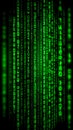 Glowing green binary code cascading down a digital screen in a futuristic setting at night Royalty Free Stock Photo