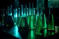 Glowing green chemicals in test tubes in dark chemistry lab. Scientist laboratory equipment. Generative AI