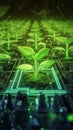 Glowing green circuits nurture small plants, symbolizing green cryptocurrency