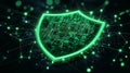 Glowing green cybersecurity shield icon with digital circuitry in a futuristic network. AI Generated.