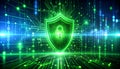 Glowing green cybersecurity shield protecting circuit board, data protection and network security Royalty Free Stock Photo