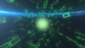 Glowing green digital tunnel with floating geometric shapes forming a dynamic sci-fi data vortex Royalty Free Stock Photo