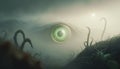 Glowing green eye of a mysterious creature hiding in the fog. Sentient plants with tentacles growing on misty hills. Generative AI