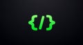 A glowing green icon displayed on a dark background features a pair of curly braces Royalty Free Stock Photo