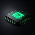 A glowing green microchip features the letters \