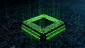 Glowing Green Microchip Processor with Binary Code Streams circuit board technology Royalty Free Stock Photo