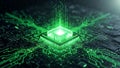 Glowing Green Microchip Processor with Data Streams on a Dark Circuit Board Background Royalty Free Stock Photo